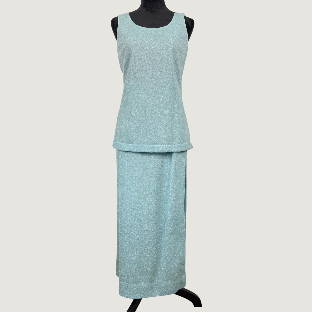 Vintage 2 Piece Set Maxi Skirt Tank Top Womens M Blue Glitter Sparkle High Slit